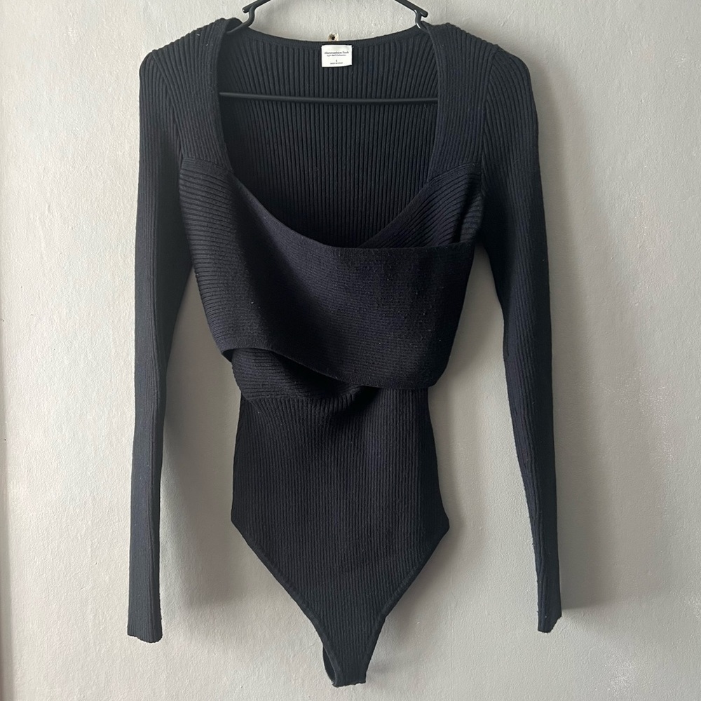 Abercrombie & Fitch Black LuxeLoft Wrap Ribbed Knit Sweater Bodysuit Size M